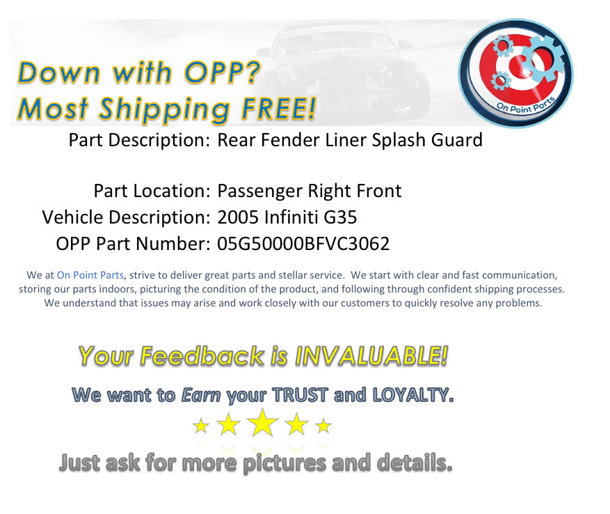 2005 Infiniti G35 Passenger Right Front Rear Fender Liner Splash Guard OEM 0BFVC - On Point Parts Inc