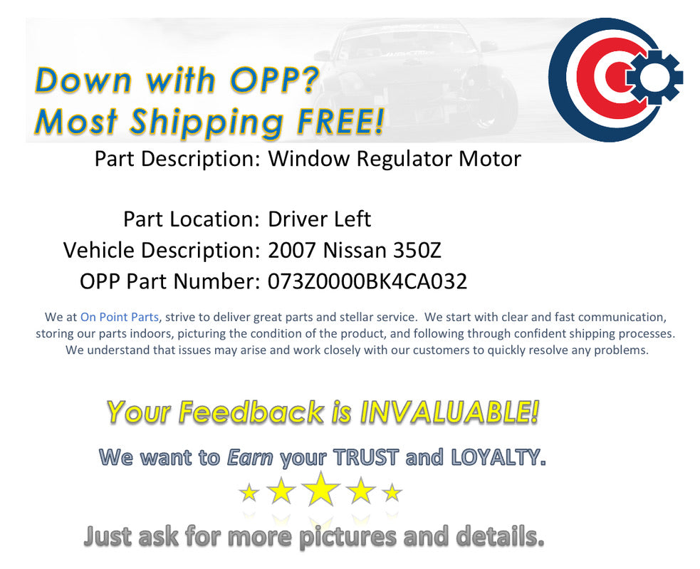 2007 Nissan 350Z Driver Left Window Regulator Motor OEM 13BK4CA - On Point Parts Inc