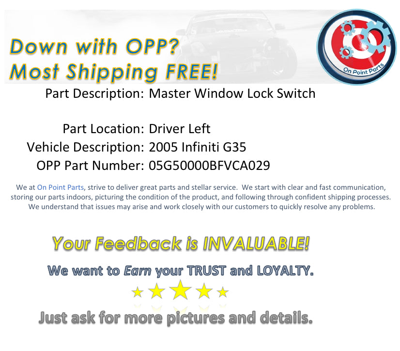 2005 Infiniti G35 Driver Left Master Window Lock Switch OEM 11BFVCA - On Point Parts Inc
