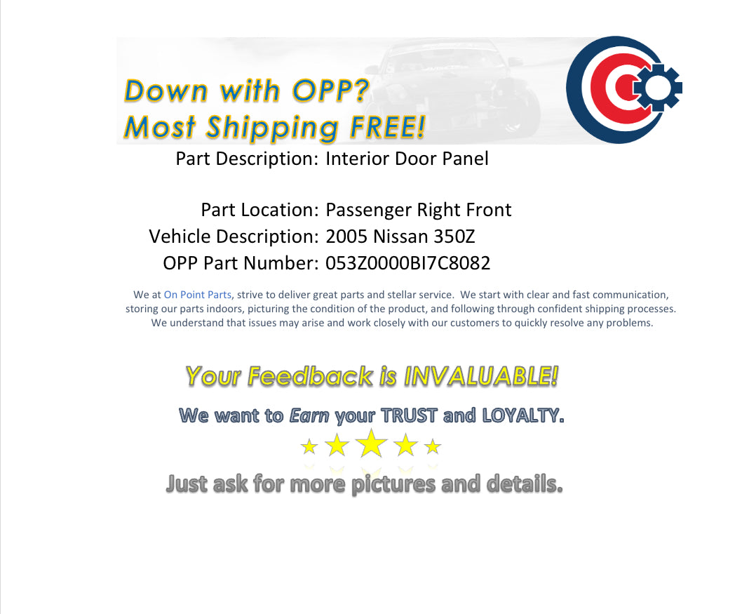 2005 Nissan 350Z Passenger Right Front Interior Door Panel OEM 12BI7C8 - On Point Parts Inc