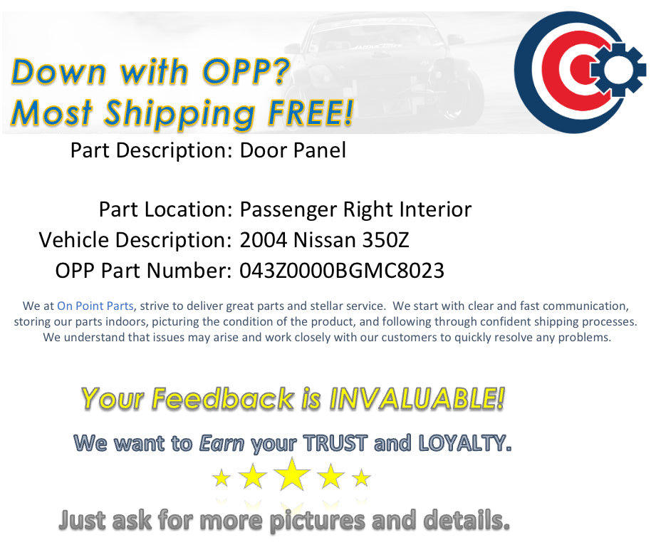 2004 Nissan 350Z Passenger Right Interior Door Panel OEM 11BGMC8 - On Point Parts Inc