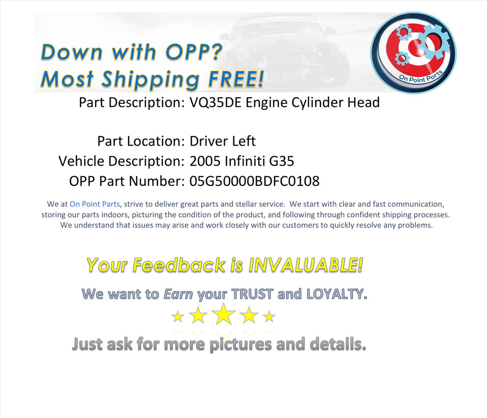 2005 Infiniti G35 Driver Left VQ35DE Engine Cylinder Head OEM 14BDFC0 - On Point Parts Inc