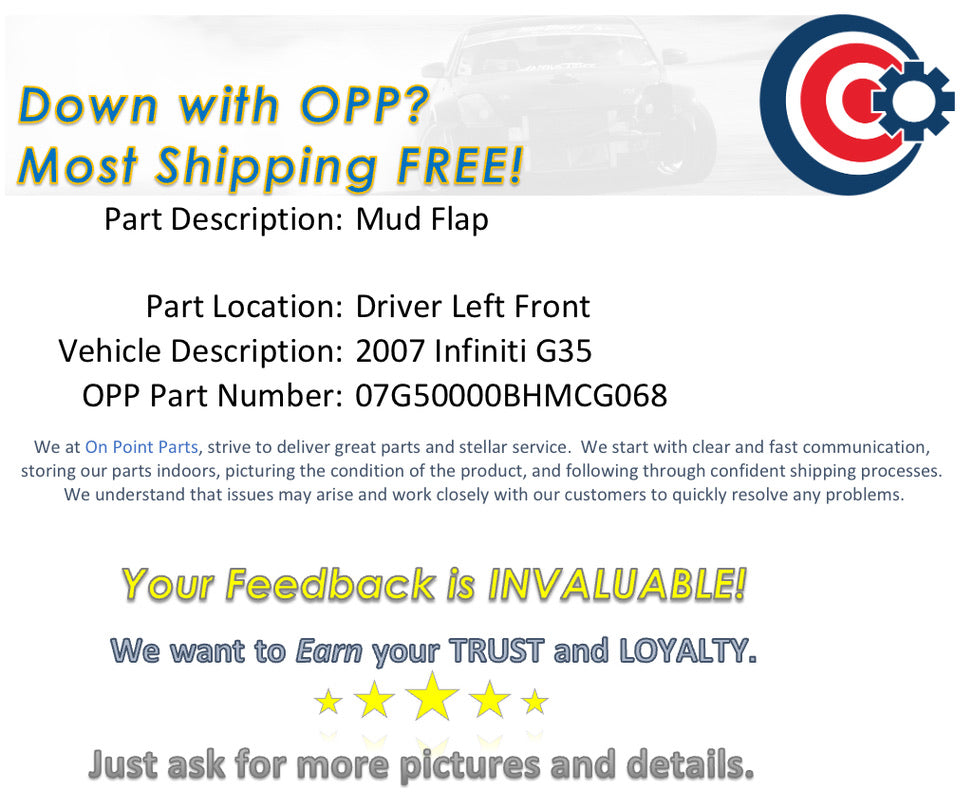 2007 Infiniti G35 Driver Left Front Mud Flap OEM 14BHMCG - On Point Parts Inc