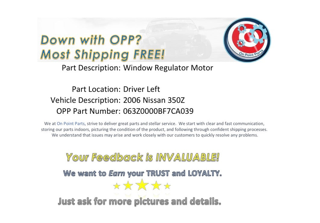 2006 Nissan 350Z Driver Left Window Regulator Motor OEM 13BF7CA - On Point Parts Inc