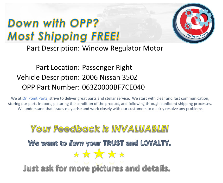 2006 Nissan 350Z Passenger Right Window Regulator Motor OEM 13BF7CE - On Point Parts Inc