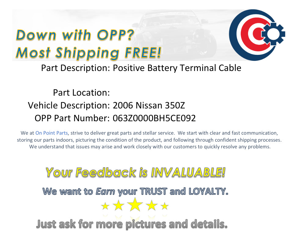 2006 Nissan 350Z Positive Battery Terminal Cable OEM 12BH5CE - On Point Parts Inc