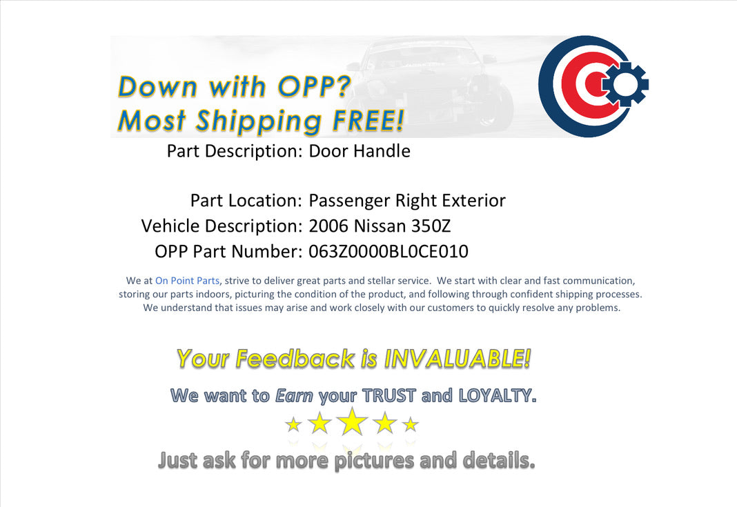 2006 Nissan 350Z Passenger Right Exterior Door Handle OEM 12BL0CE - On Point Parts Inc