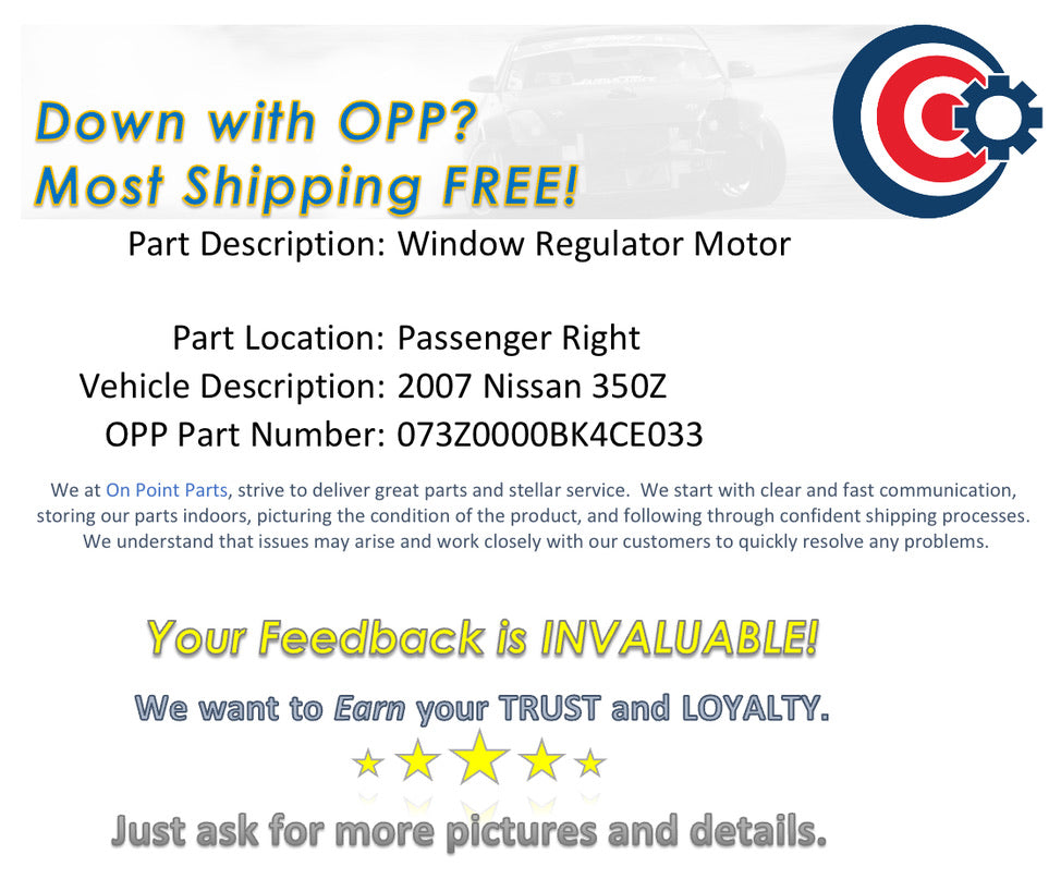 2007 Nissan 350Z Passenger Right Window Regulator Motor OEM 13BK4CE - On Point Parts Inc