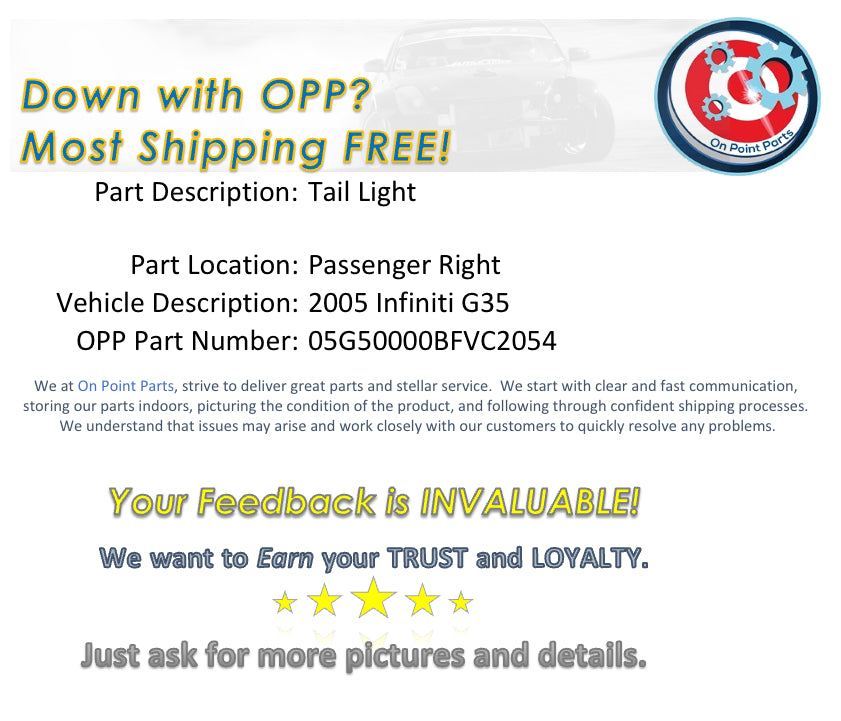 2005 Infiniti G35 Passenger Right Tail Light Assembly OEM 11BFVC2 - On Point Parts Inc