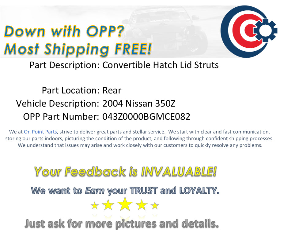 2004 Nissan 350Z Rear Convertible Trunk Lid Struts OEM 11BGMCE - On Point Parts Inc