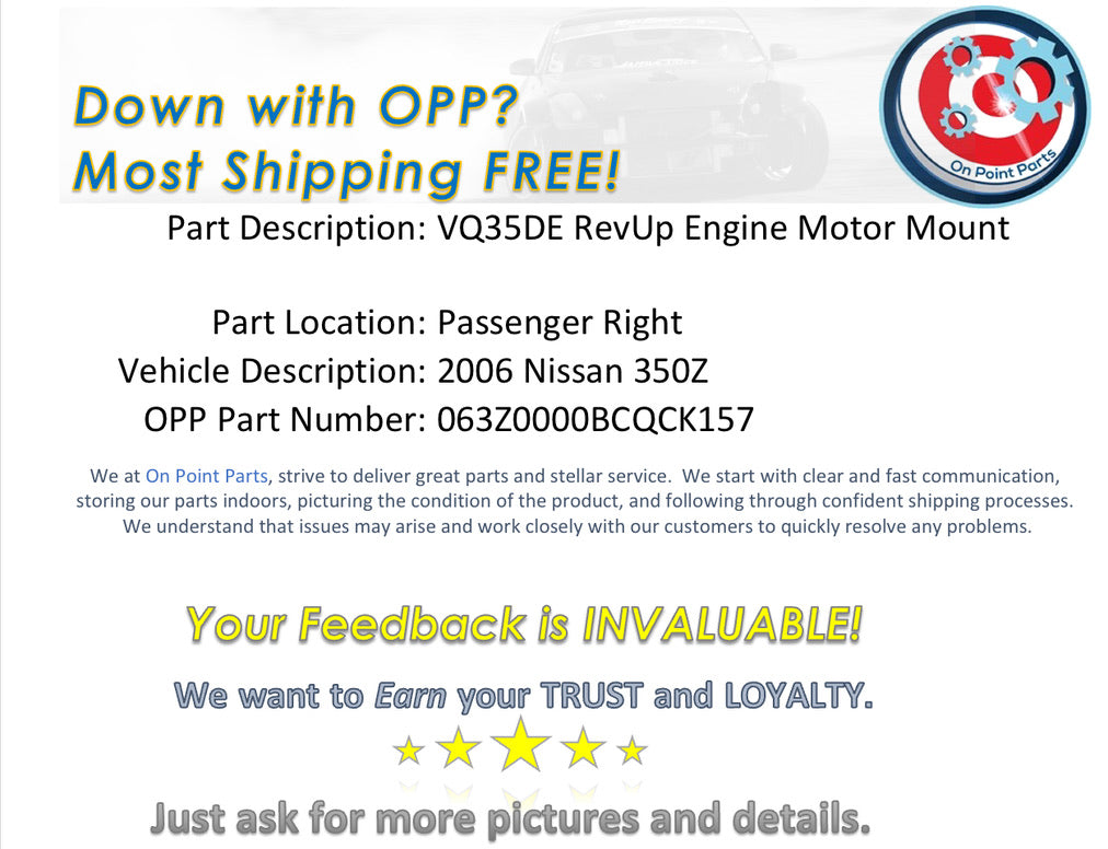 2006 Nissan 350Z Passenger Right VQ35DE RevUp Engine Motor Mount OEM 11BCQCK - On Point Parts Inc