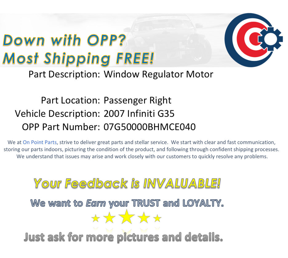 2007 Infiniti G35 Passenger Right Window Regulator Motor OEM 14BHMCE - On Point Parts Inc