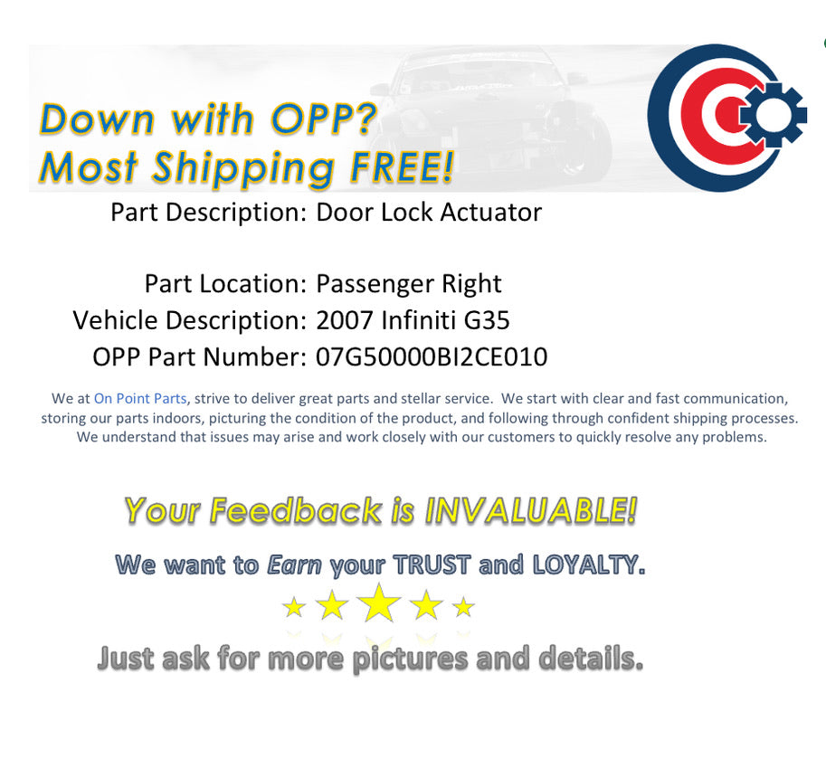 2007 Infiniti G35 Passenger Right Door Lock Actuator OEM 11BI2CE - On Point Parts Inc