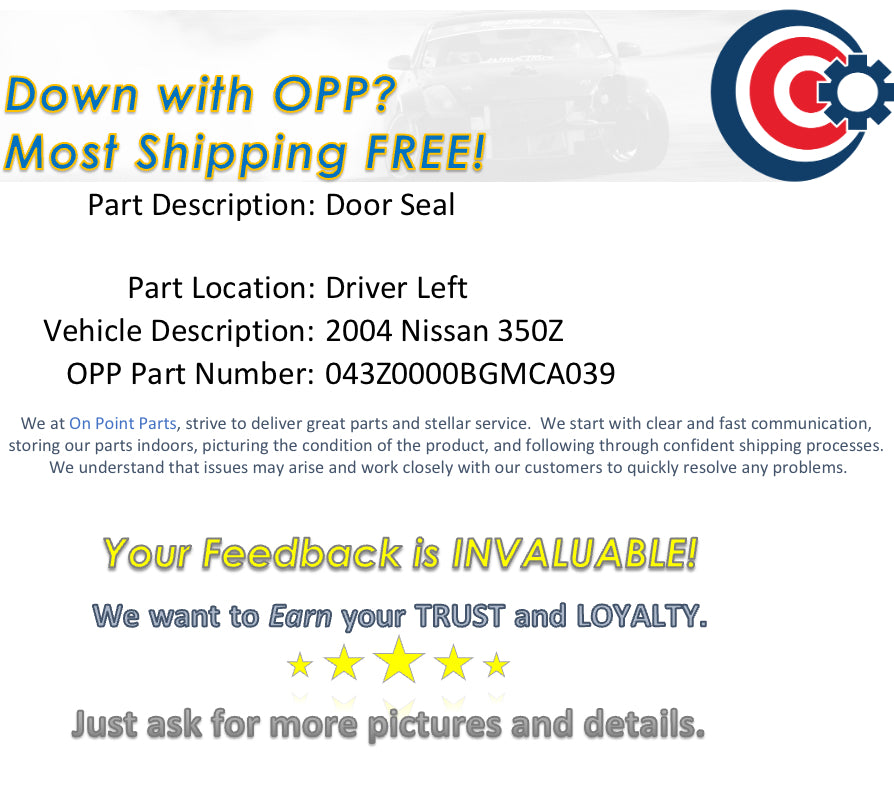2004 Nissan 350Z Driver Left Convertible Door Seal OEM 11BGMCA - On Point Parts Inc