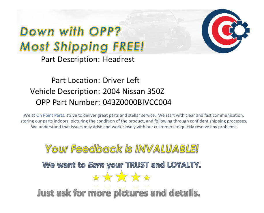 2004 Nissan 350Z Driver Left Leather Head Rest OEM 0BIVCC - On Point Parts Inc