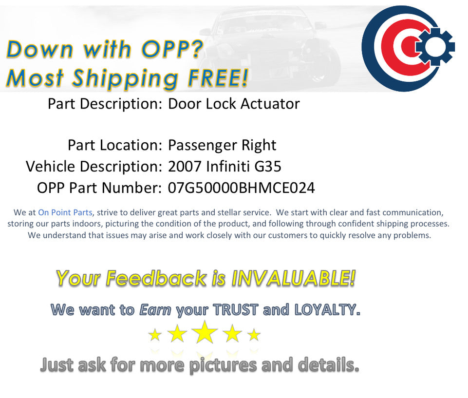 2007 Infiniti G35 Passenger Right Door Lock Actuator OEM 14BHMCE - On Point Parts Inc