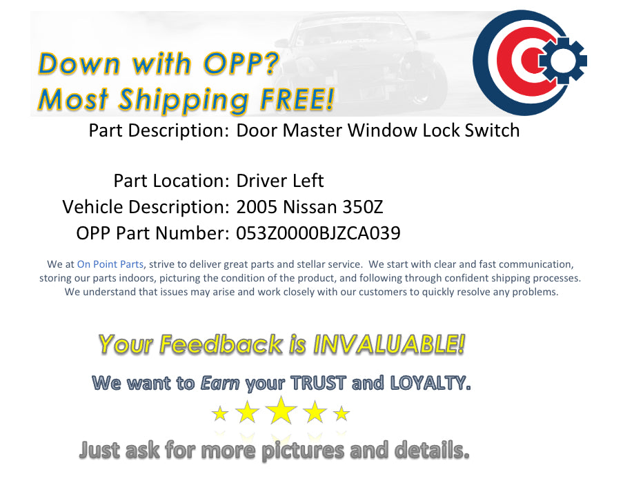 2005 Nissan 350Z Driver Left Door Master Window Lock Switch OEM 12BJZCA - On Point Parts Inc