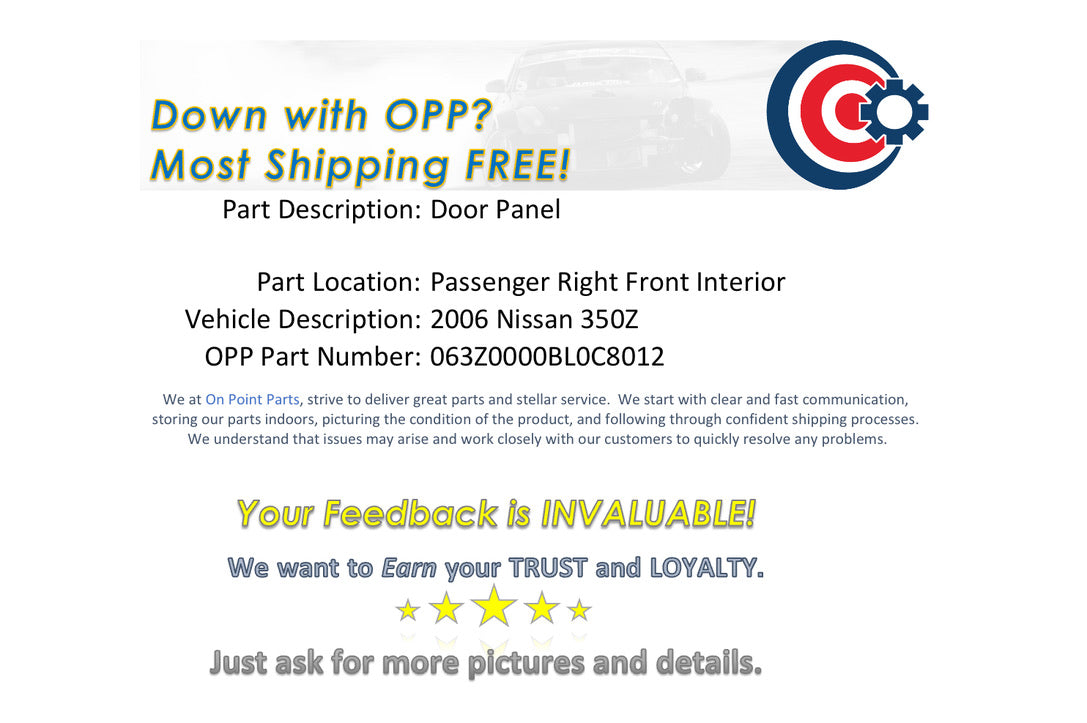 2006 Nissan 350Z Passenger Right Front Interior Door Panel 12BL0C8 - On Point Parts Inc