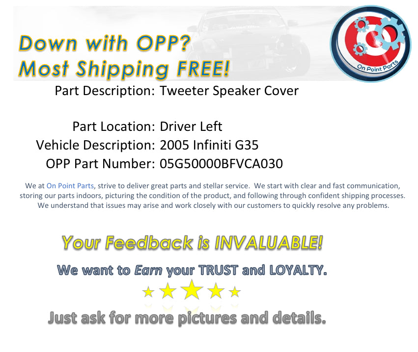 2005 Infiniti G35 Driver Left Tweeter Speaker Cover 80293 OEM 11BFVCA - On Point Parts Inc