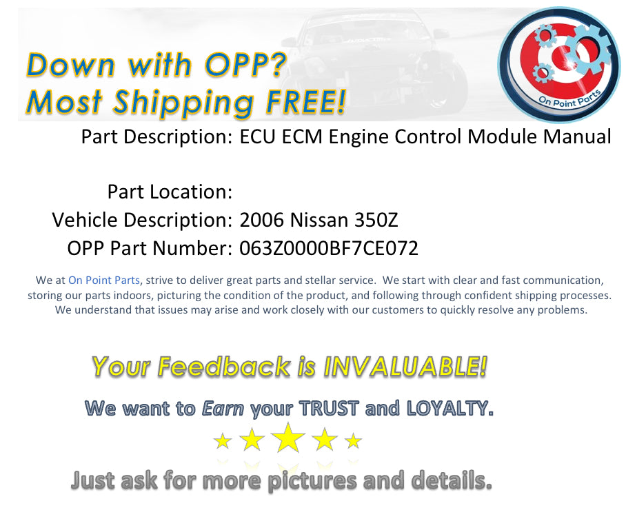 2006 Nissan 350Z ECU ECM Engine Control Module Wideband Manual OEM 13BF7CE - On Point Parts Inc