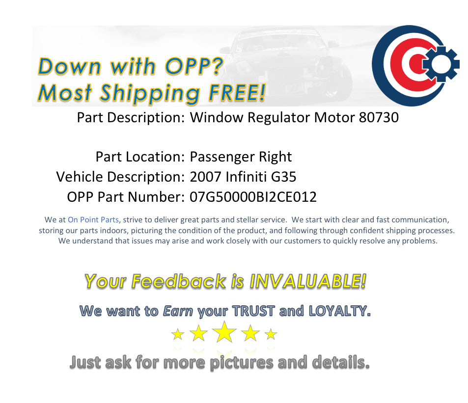 2007 Infiniti G35 Passenger Right Window Regulator Motor 80730 OEM 11BI2CE - On Point Parts Inc