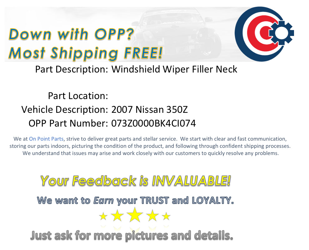 2007 Nissan 350Z Windshield Wiper Filler Neck with Cap OEM 13BK4CI - On Point Parts Inc
