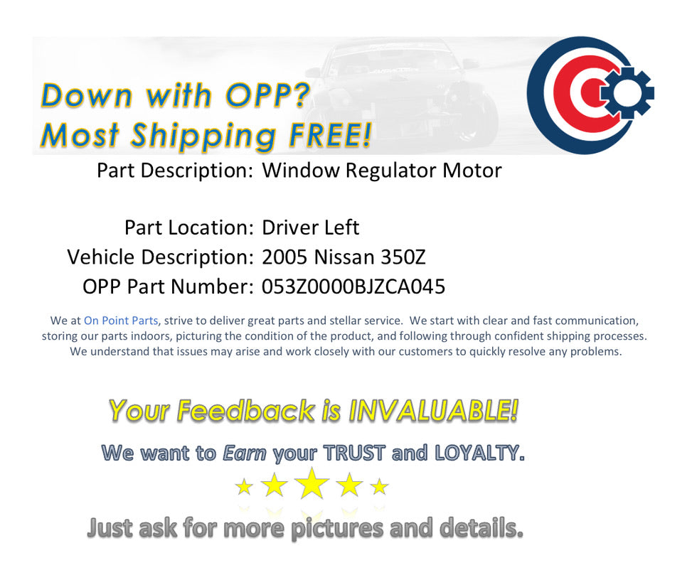 2005 Nissan 350Z Driver Left Window Regulator Motor OEM 12BJZCA - On Point Parts Inc