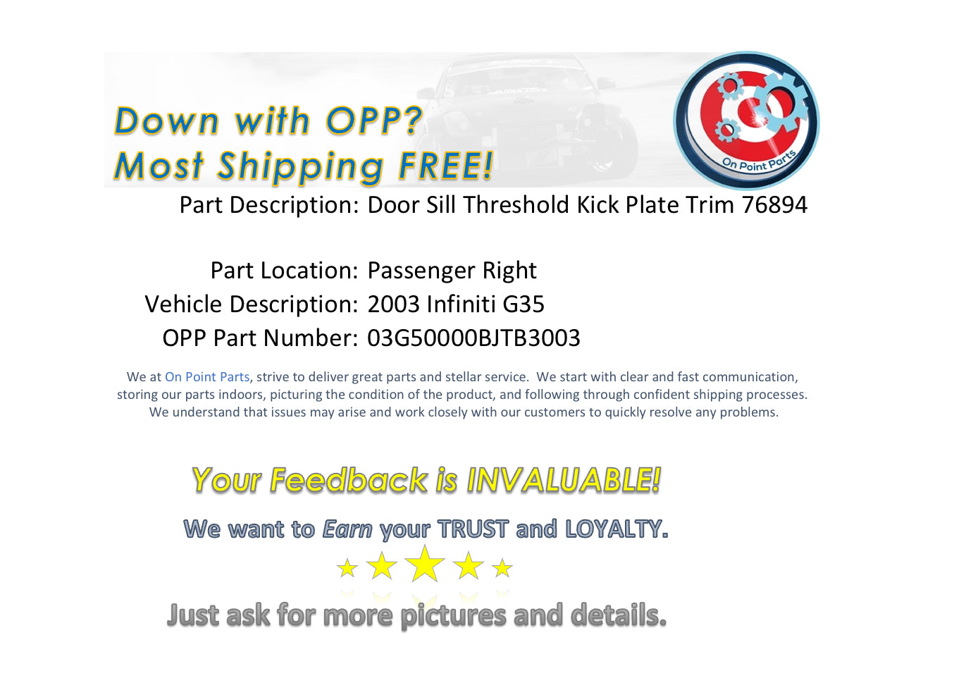 2003 Infiniti G35 Passenger Right Door Threshold Kick Plate 76894 OEM 0BJTB3 - On Point Parts Inc