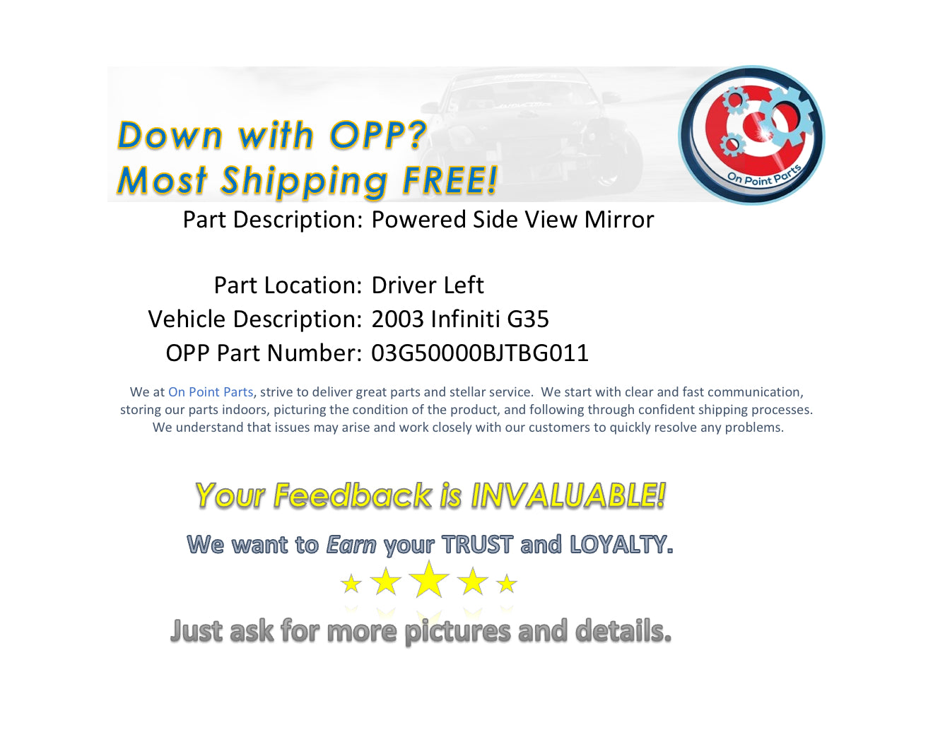 2003 Infiniti G35 Driver Left Power Side View Mirror OEM 0BJTBG - On Point Parts Inc