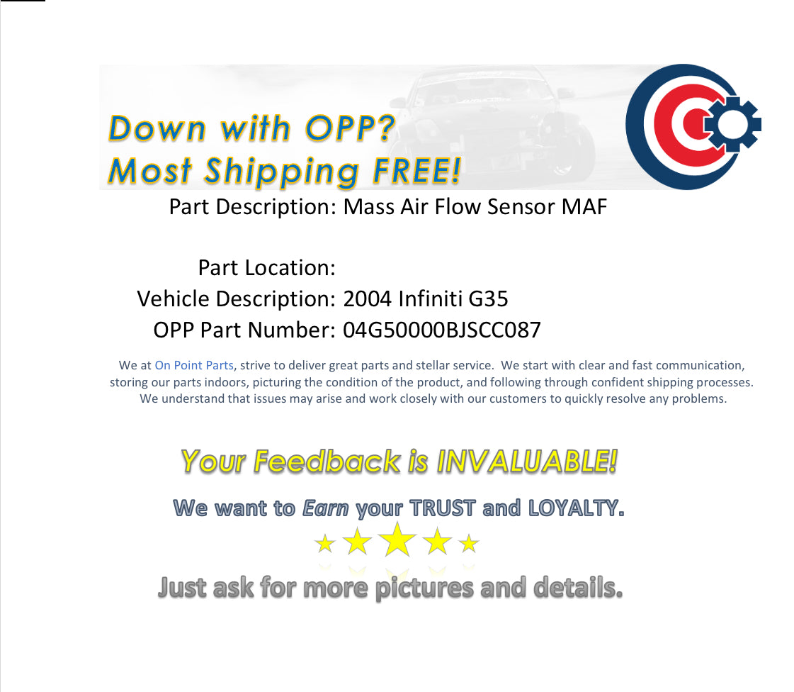 2004 Infiniti G35 Mass Air Flow Sensor MAF 22680 OEM 14BJSCC - On Point Parts Inc