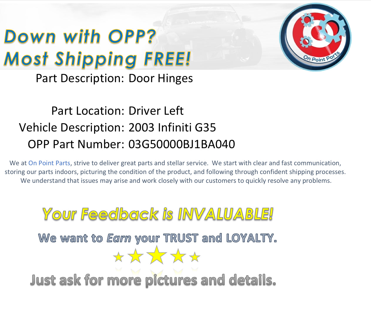 2003 Infiniti G35 Driver Left Door Hinges OEM 14BJ1BA - On Point Parts Inc