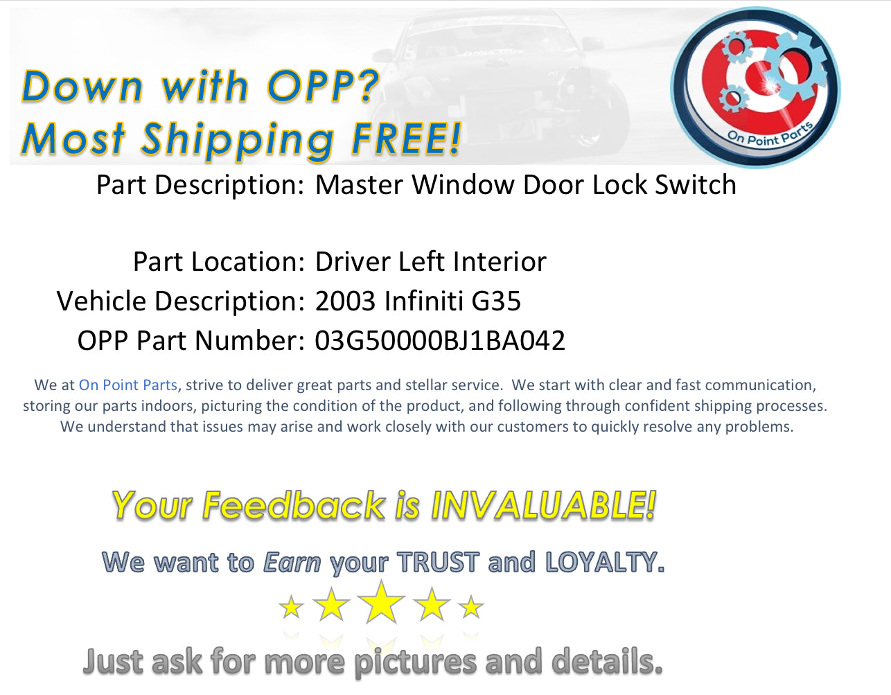 2003 Infiniti G35 Driver Left Door Master Window Lock Switch OEM 14BJ1BA - On Point Parts Inc