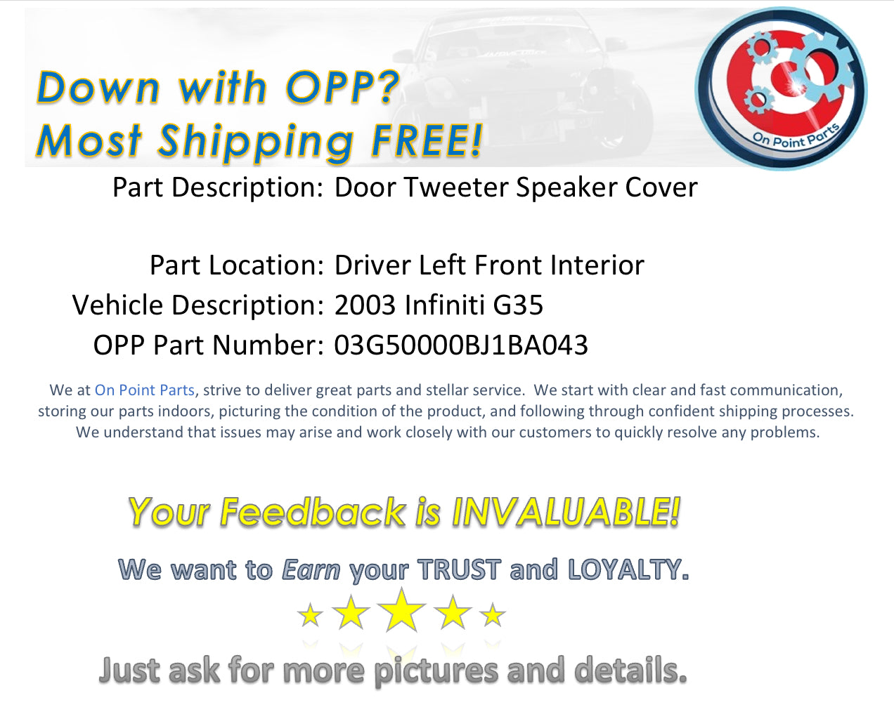 2003 Infiniti G35 Driver Left Door Tweeter Speaker Cover OEM 14BJ1BA - On Point Parts Inc