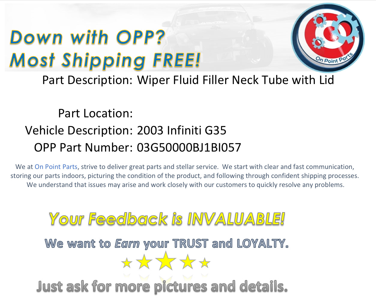 2003 Infiniti G35 Windshield Wiper Washer Fluid Filler Neck Tube OEM 14BJ1BI - On Point Parts Inc