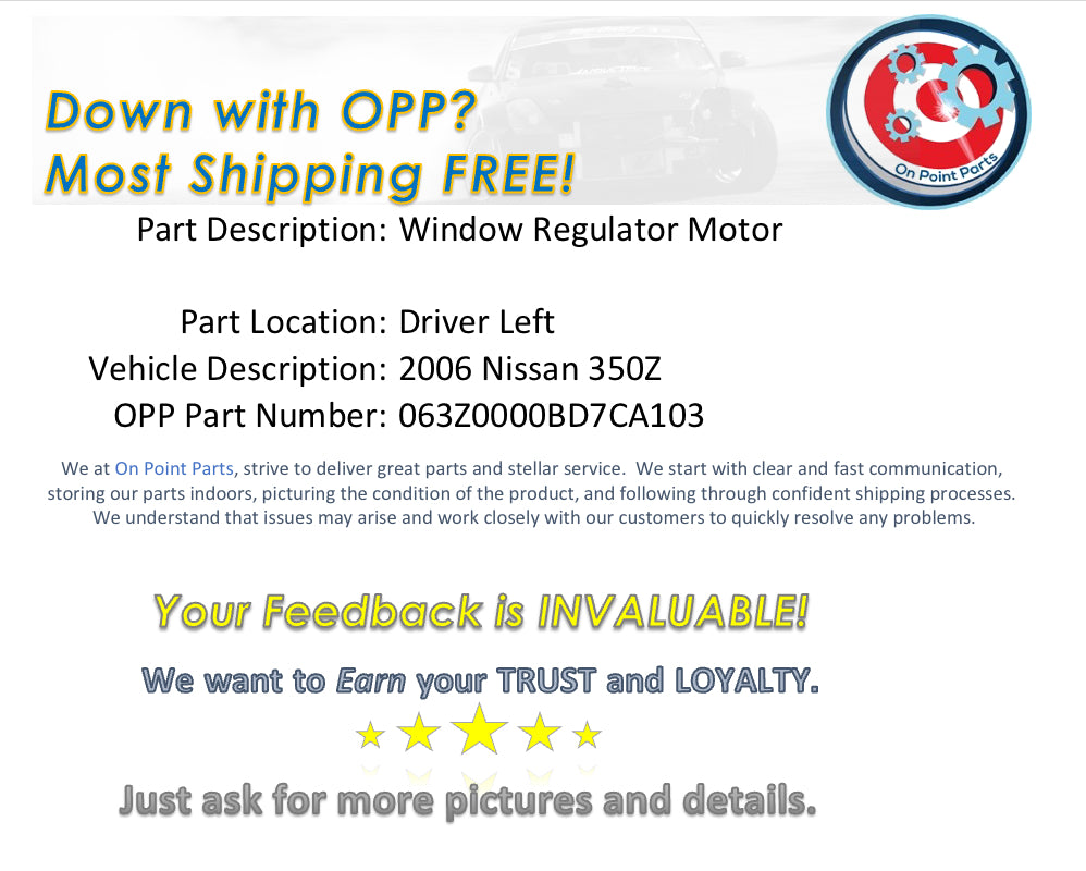 2006 Nissan 350Z Driver Left Window Regulator Motor 80731 OEM 12BD7CA - On Point Parts Inc