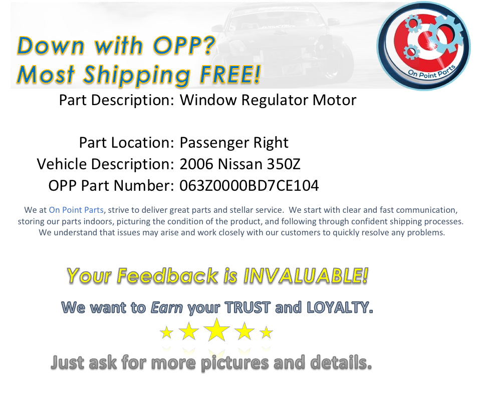 2006 Nissan 350Z Passenger Right Window Regulator Motor 80730 OEM 12BD7CE - On Point Parts Inc