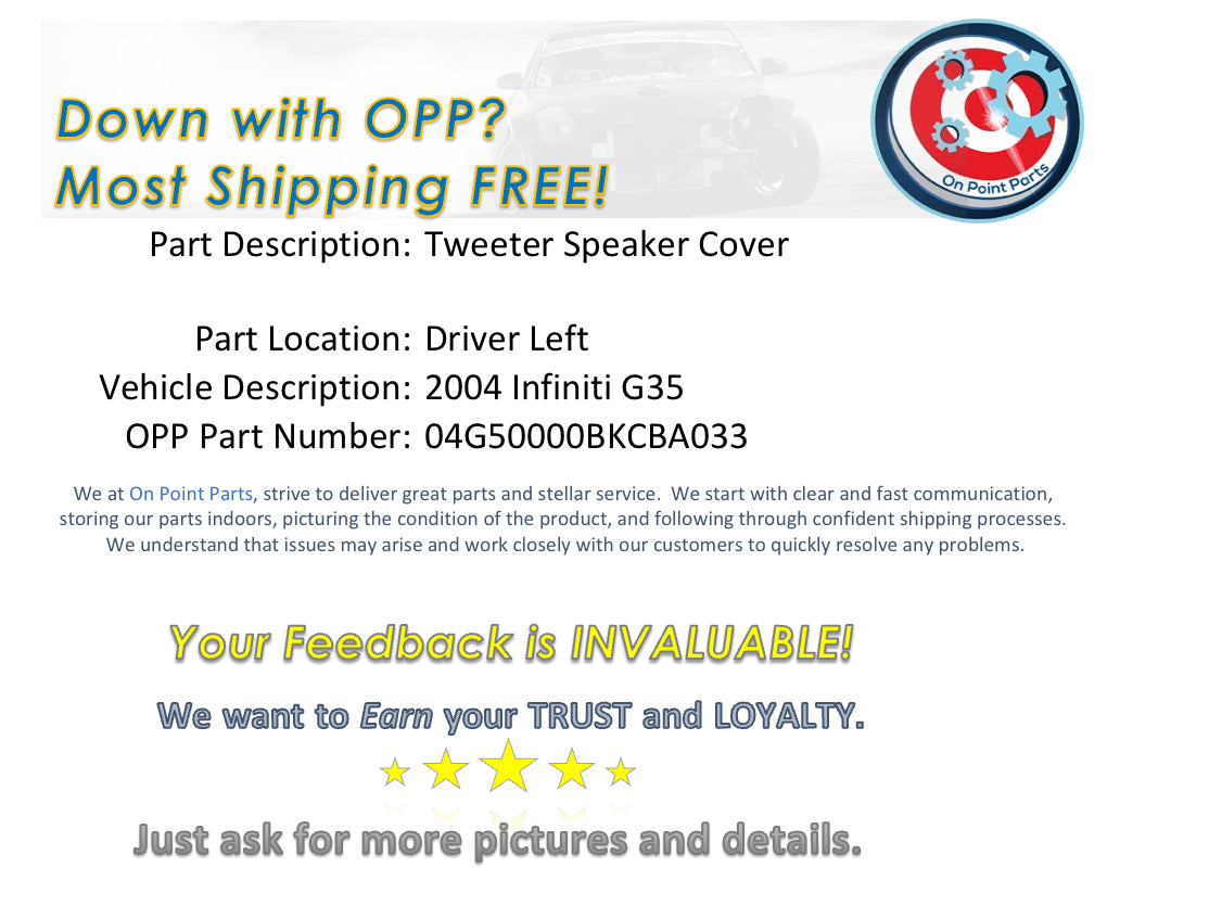 2004 Infiniti G35 Driver Left Door Tweeter Speaker Cover OEM 0BKCBA - On Point Parts Inc