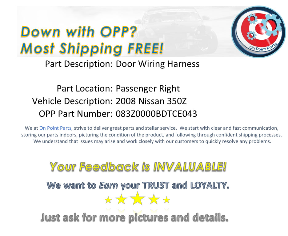 2008 Nissan 350Z Passenger Right Door Wiring Harness OEM 11BDTCE - On Point Parts Inc
