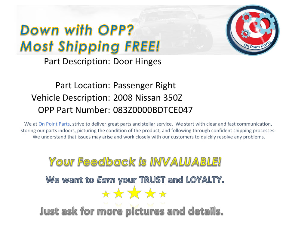 2008 Nissan 350Z Passenger Right Door Hinges OEM 11BDTCE - On Point Parts Inc