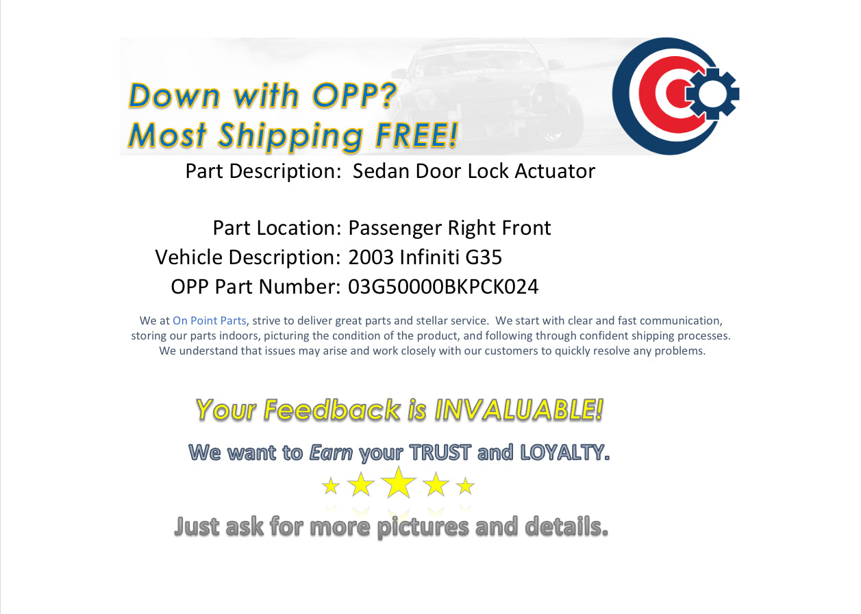 2003 Infiniti G35 Sedan Passenger Right Front Door Lock Actuator OEM 0BKPCK - On Point Parts Inc