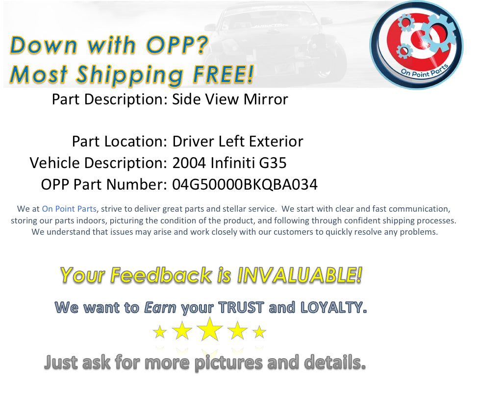 2004 Infiniti G35 Driver Left Exterior Power Side View Mirror OEM 0BKQBA - On Point Parts Inc