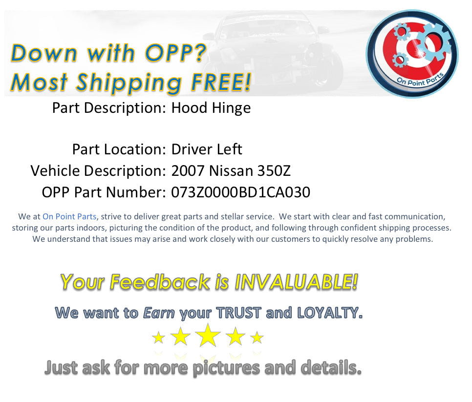 2007 Nissan 350Z Driver Left Hood Hinge OEM 14BD1CA - On Point Parts Inc