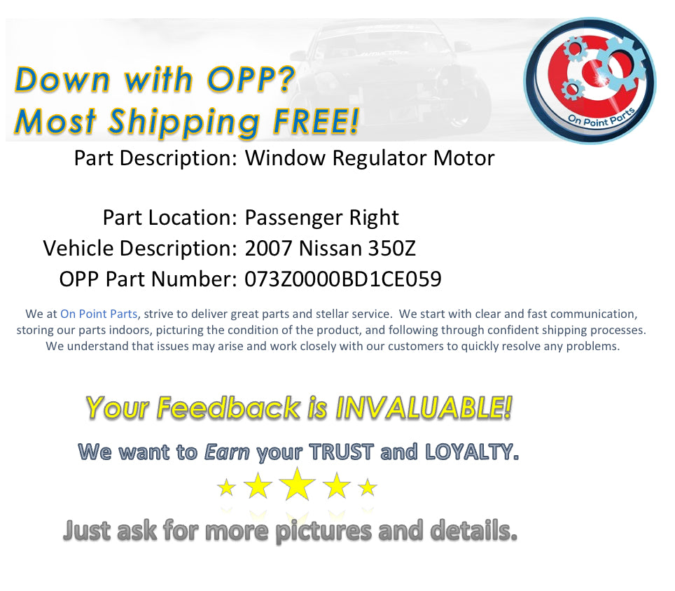 2007 Nissan 350Z Passenger Right Door Window Regulator Motor OEM 14BD1CE - On Point Parts Inc