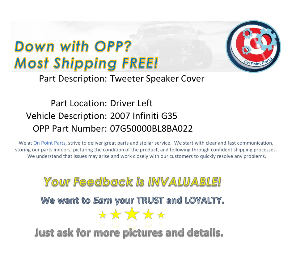 2007 Infiniti G35 Driver Left Door Tweeter Speaker Cover OEM 0BL8BA - On Point Parts Inc