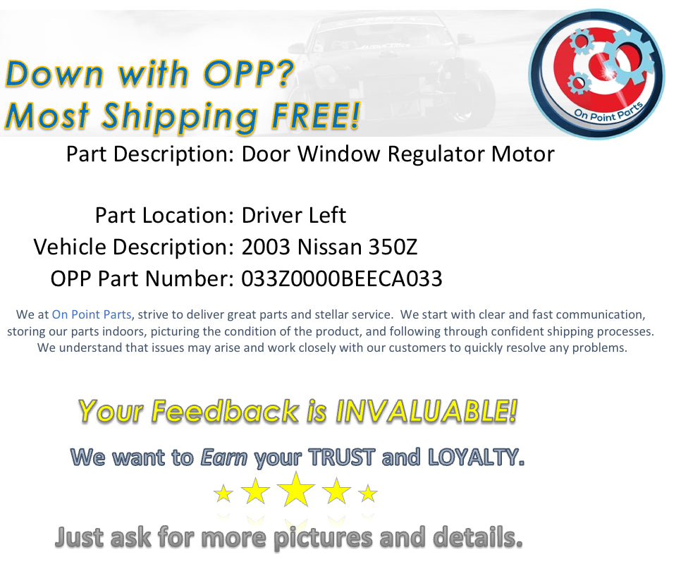 2003 Nissan 350Z Driver Left Door Window Regulator Motor OEM 0BEECA - On Point Parts Inc