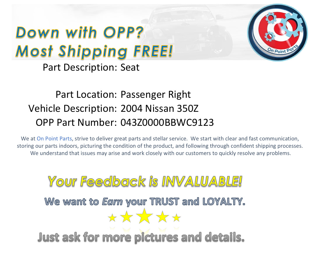 2004 Nissan 350Z Passenger Right Leather Seat OEM 0BBWC9 - On Point Parts Inc