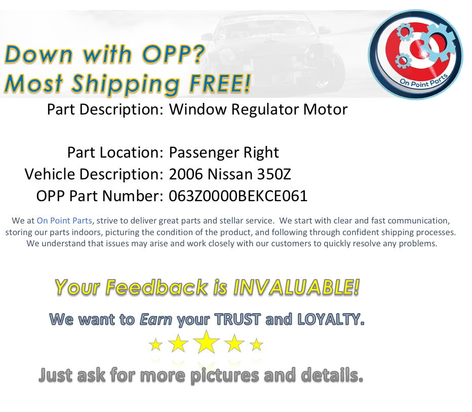 2006 Nissan 350Z Passenger Right Window Motor Regulator OEM 12BEKCE - On Point Parts Inc