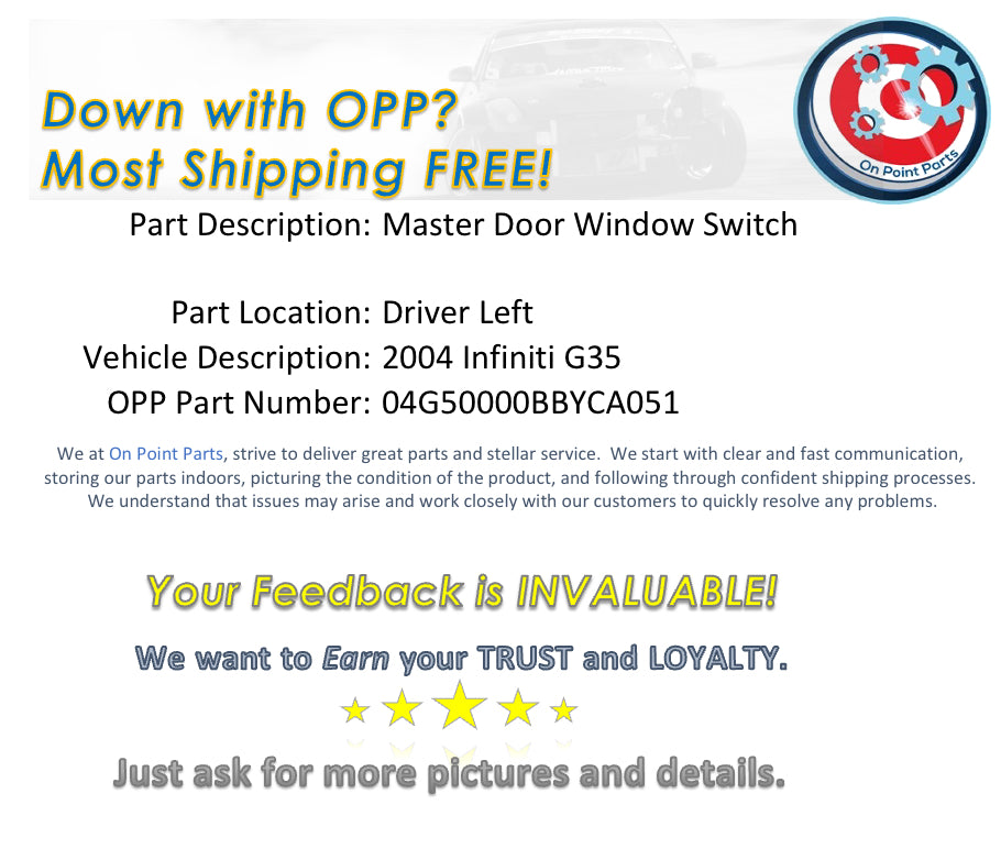 2004 Infiniti G35 Driver Left Master Door Window Lock Switch OEM 0BBYCA - On Point Parts Inc