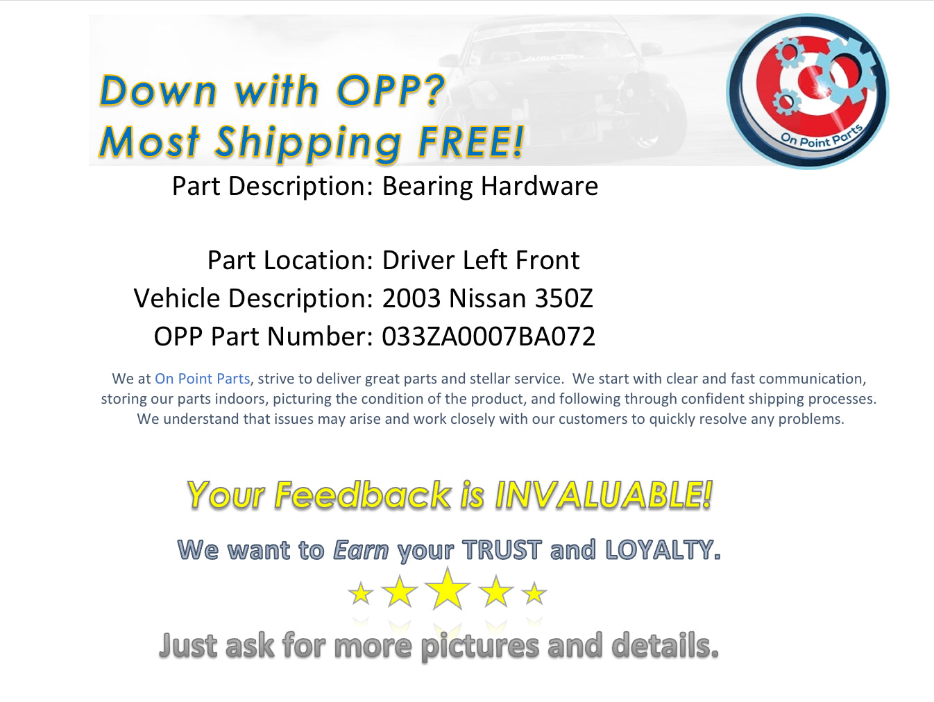 2003 Nissan 350Z Driver Left Front Bearing Hardware OEM 27BA - On Point Parts Inc