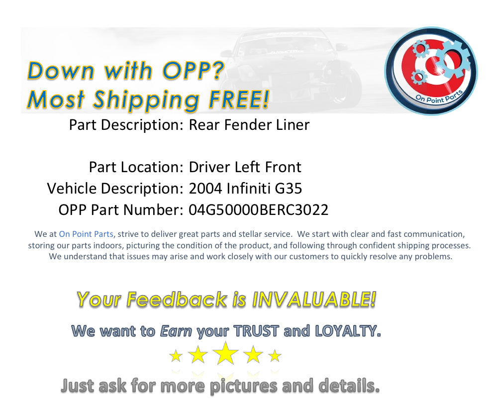 2004 Infiniti G35 Driver Left Front Rear Fender Liner OEM 14BERC3 - On Point Parts Inc